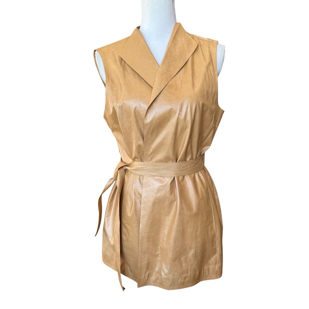 Lafayette 148 New‎ York Tan Leather Belted Vest Jacket Camel Size M NWT